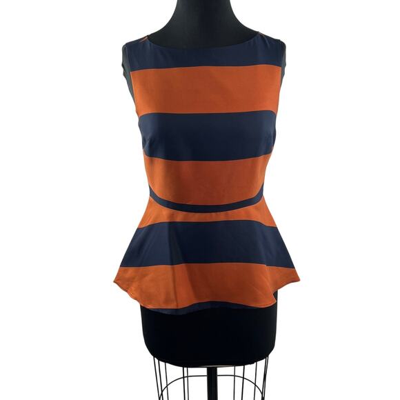 Banana Republic Navy Orange Peplum Top Rugby Striped Boat Neck Sleeveless Size 4 - Picture 1 of 7